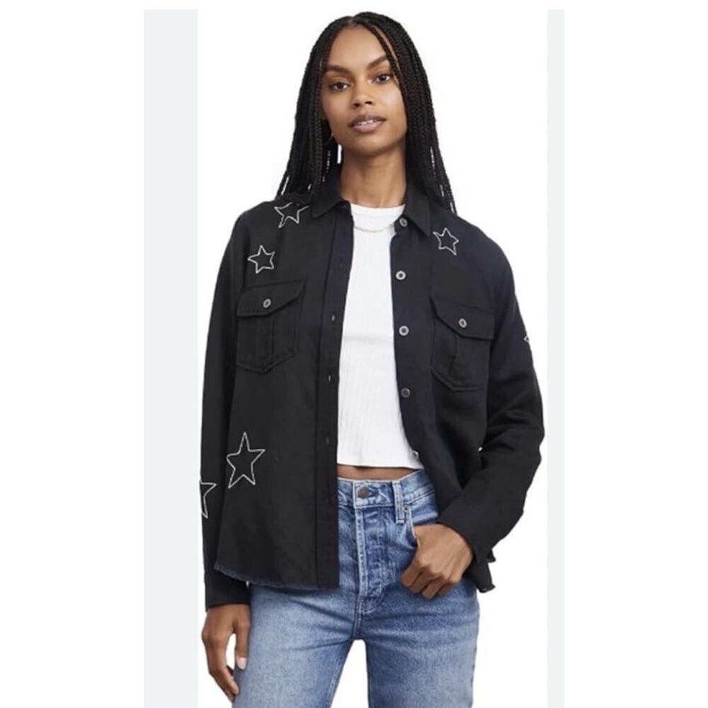 Rails Black Star Embroidered Button-Up Shirt Jacket